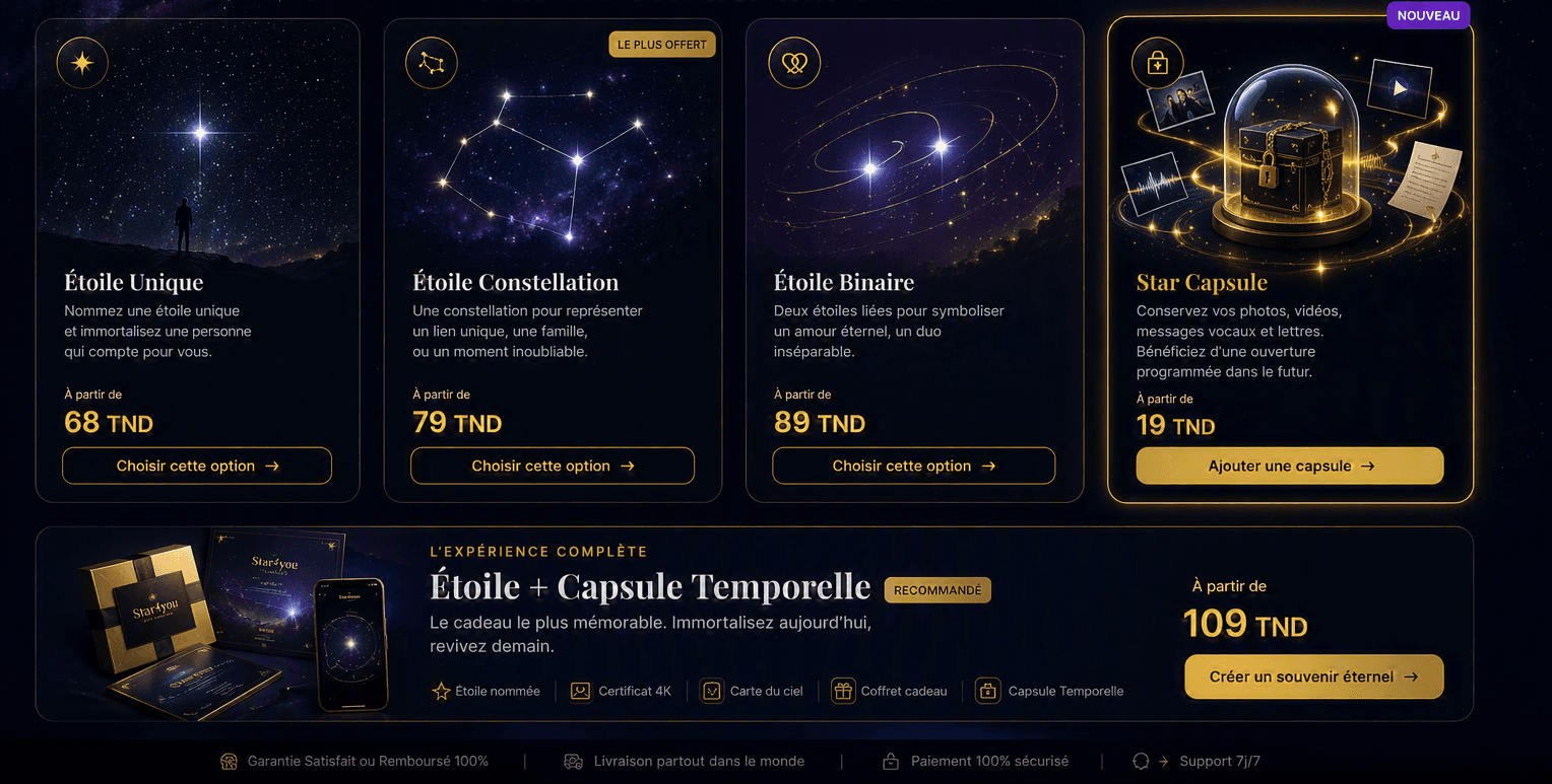 Nos forfaits — Étoile Unique, Constellation, Binaire et Star Capsule